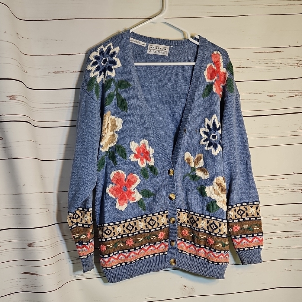JANTZEN CLASSICS EMBROIDERED BY hand Floral Patterned Blue Cardigan Sweater